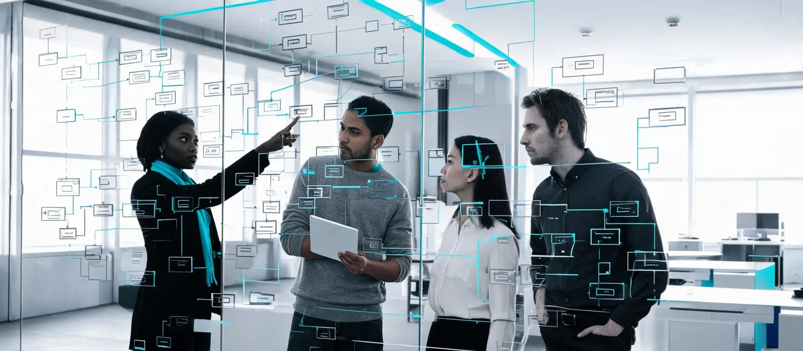 Research analysts reviewing a company data provenance wall